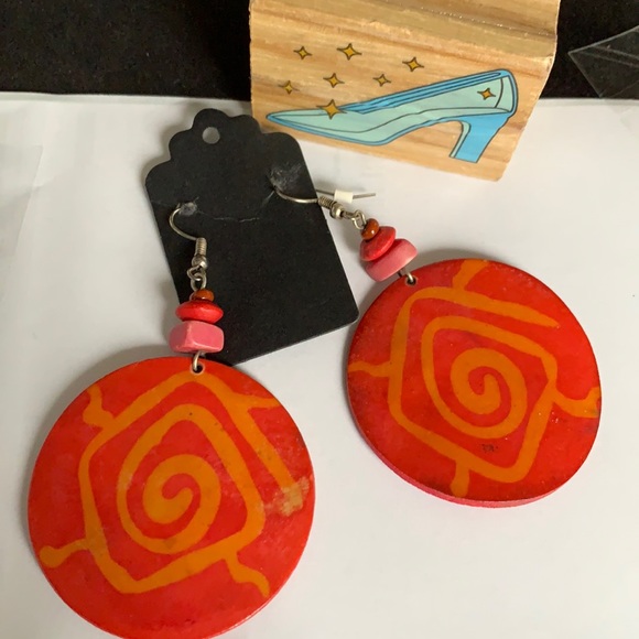 Vintage Boho Wood Aztec Design Drop Earrings
